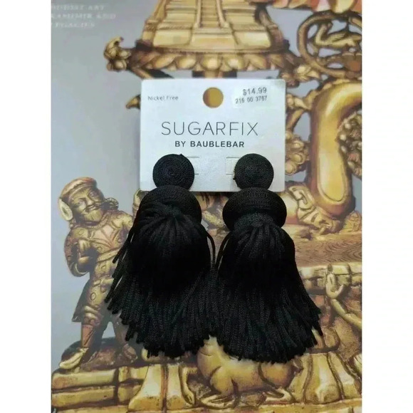 NWT Sugarfix By Baublebar Black Nickle Free Long Woven Tassel Earrings Womens - Picture 2 of 4